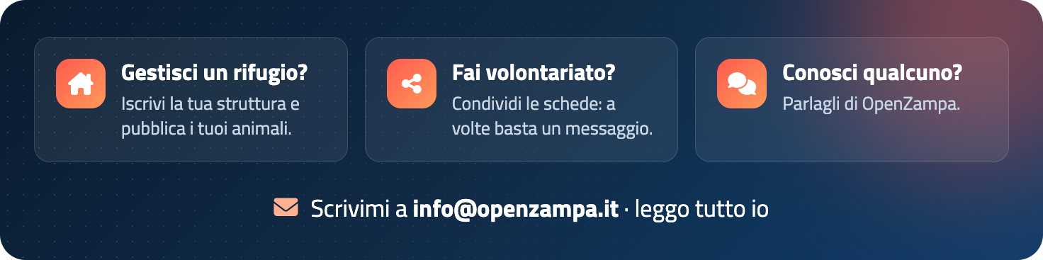 Come dare una mano: iscrivi il tuo rifugio, condividi le schede, parla di OpenZampa. Scrivi a info@openzampa.it